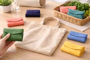 A beige foldable bag laid flat on a wooden table surrounded by neatly folded compact pouches in various colors, illustrating Your Complete Guide to Foldable Bags.