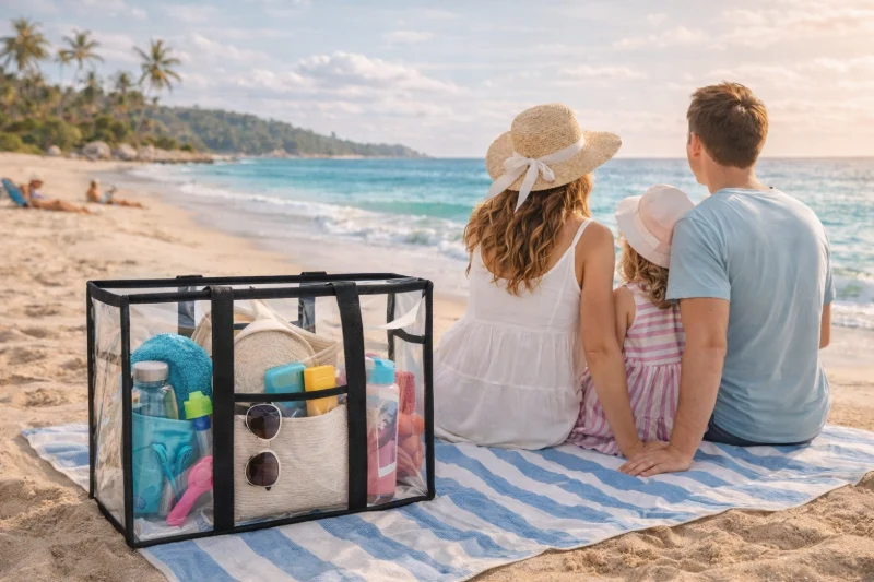 A family sitting on a beach blanket near the ocean with a clear beach tote holding beach essentials beside them, illustrating Best Materials for Beach Bags.