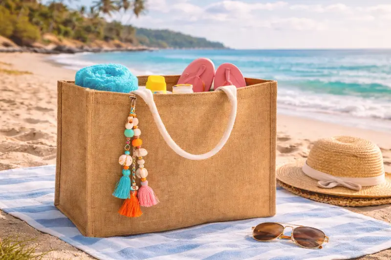A jute beach tote placed on a beach towel near the ocean with sandals, sunscreen, and a towel inside, illustrating Best Materials for Beach Bags.