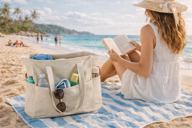 A person sitting on a beach towel reading a book beside a large beach tote filled with beach items, illustrating Best Materials for Beach Bags.
