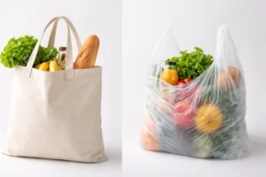 A reusable canvas bag and a plastic bag both filled with fresh vegetables, fruits, and a baguette, highlighting the difference between canvas bags vs plastic bags.