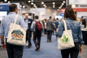 Two people walking through a busy exhibition hall carrying canvas tote bags used for event promotions.