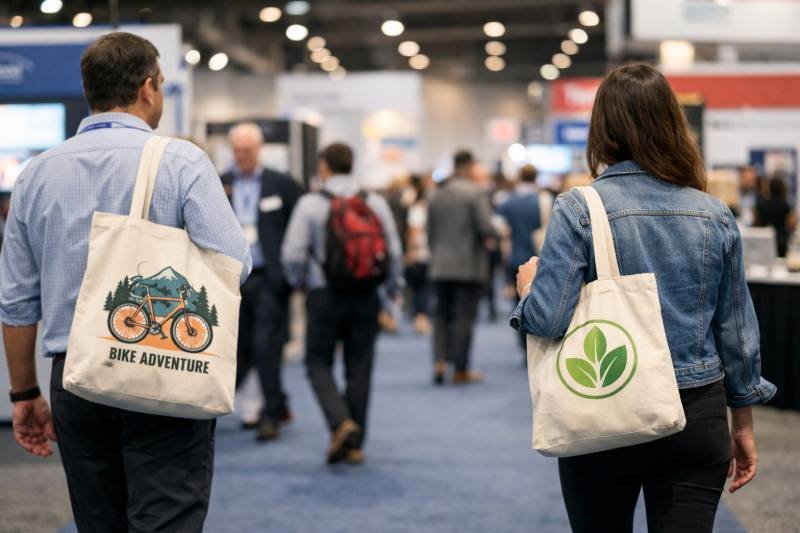 Two people walking through a busy exhibition hall carrying canvas tote bags used for event promotions.