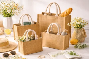 Several natural fiber tote bags displayed with groceries and flowers, illustrating common uses of jute bags in daily life.