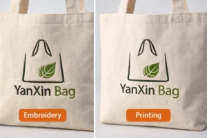 A beige canvas tote bag showing a comparison between embroidery and printing designs.