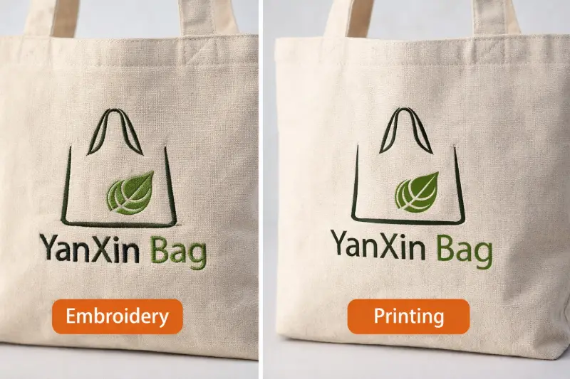 A beige canvas tote bag showing a comparison between embroidery and printing designs.