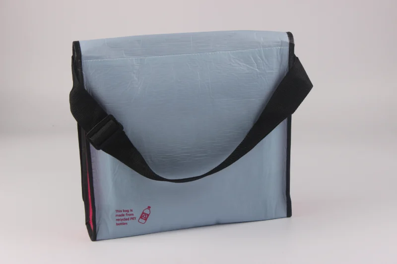 Front view of a light gray RPET laminated shoulder bag with a black adjustable shoulder strap.