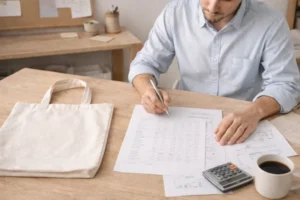 A man reviewing financial documents at a desk with a blank canvas tote bag beside him, illustrating how B2B buyers evaluate custom tote bags as a long-term promotional asset.