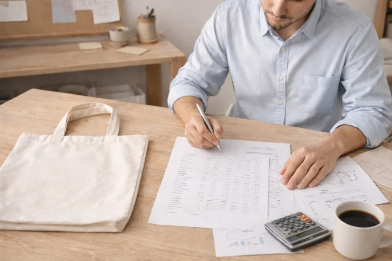 A man reviewing financial documents at a desk with a blank canvas tote bag beside him, illustrating how B2B buyers evaluate custom tote bags as a long-term promotional asset.