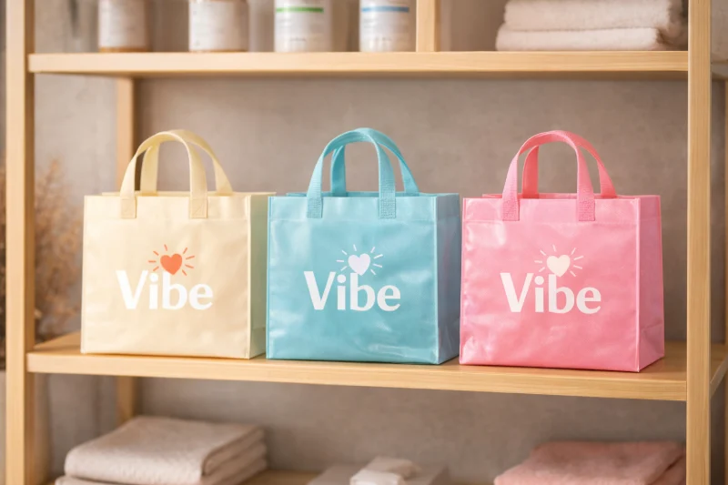 Three glossy custom tote bags in yellow, blue, and pink are displayed on a wooden shelf, illustrating How Custom Tote Bags Support Business Growth and Brand Visibility in a retail setting.