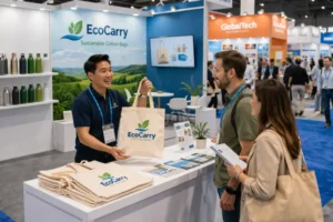 A trade show booth displaying EcoCarry customized cotton bags while a staff member shows a bag to visitors, illustrating how to choose the best cotton bags for exhibitions.
