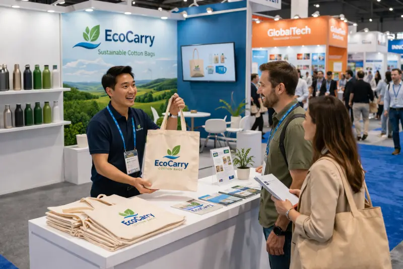 A trade show booth displaying EcoCarry customized cotton bags while a staff member shows a bag to visitors, illustrating how to choose the best cotton bags for exhibitions.