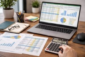 A person using a calculator beside a laptop displaying spreadsheets and charts, illustrating MOQ Meaning: What Is Minimum Order Quantity and How It Affects Your Orders in financial planning.