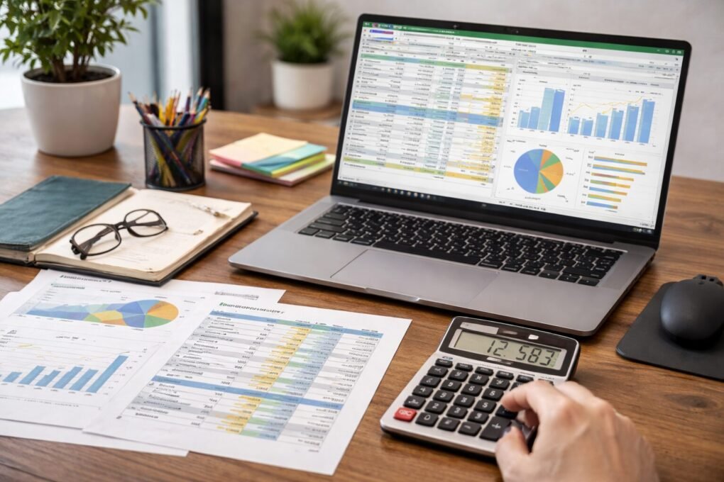 A person using a calculator beside a laptop displaying spreadsheets and charts, illustrating MOQ Meaning: What Is Minimum Order Quantity and How It Affects Your Orders in financial planning.
