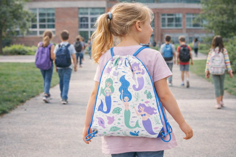 A young girl walking outdoors with a cartoon print drawstring bag on her back, showing what is polyester fabric and why is it used for reusable shopping bags.