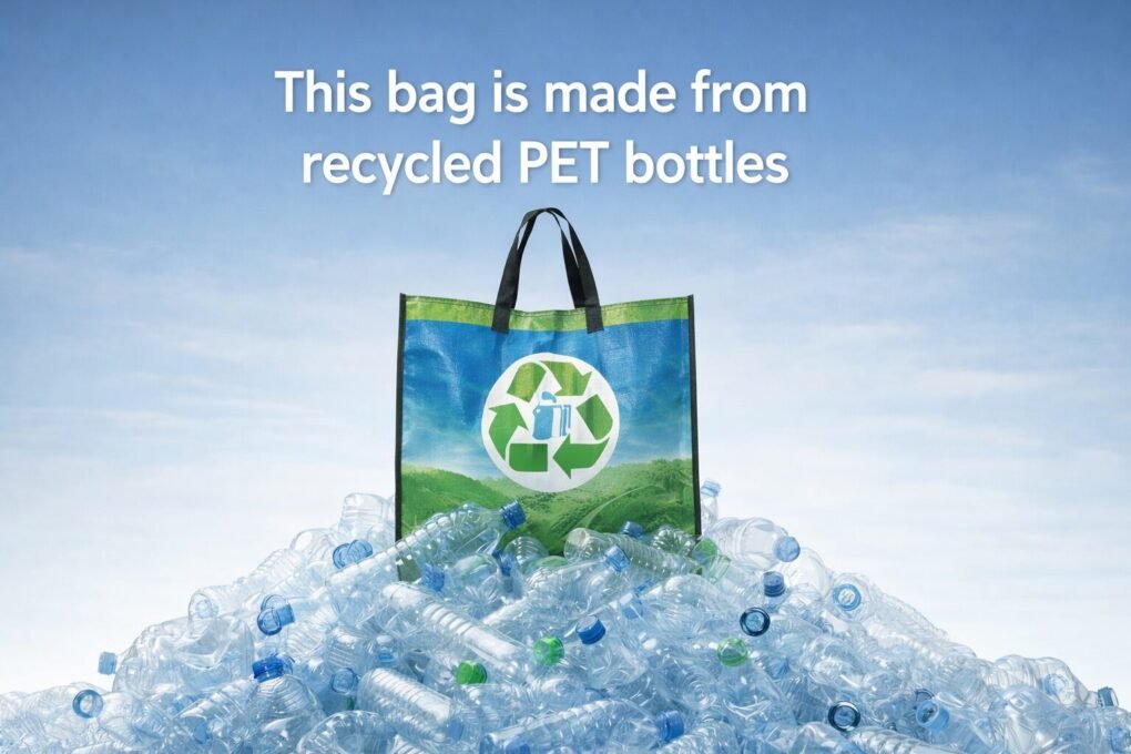 A reusable RPET laminated bag standing on a pile of plastic bottles, illustrating what is an RPET laminated bag made from recycled PET materials.