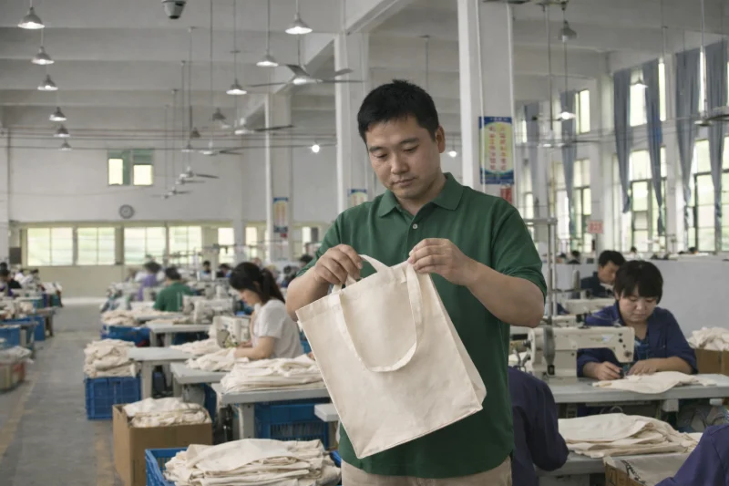 A worker inspecting a finished cotton bag in a factory while other workers sew bags in the background, showing quality control for customized cotton bags for exhibitions.