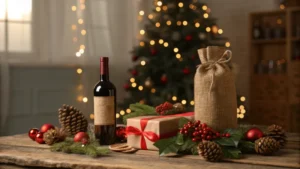 A wine bottle in a burlap bag with Christmas decorations on a table, illustrating Best Materials for Wine Bags: A Complete Guide to Common Options.