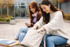 Why Heavy Duty Canvas Tote Bags Are a Smart Product Line for the School Market: Two female college students on a university campus, one accessing a durable heavy-duty canvas tote bag to retrieve school supplies, with notebooks and a phone on a bench, ideal for student daily use.