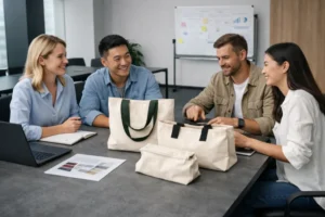 A team discussing and examining custom canvas bags on a table, highlighting custom canvas bags for B2B brand.