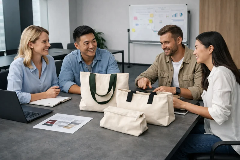 A team discussing and examining custom canvas bags on a table, highlighting custom canvas bags for B2B brand.