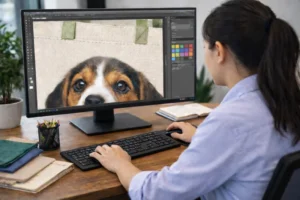 A person uses a desktop computer to edit a tote bag design featuring a dog image in a graphic design software, related to edge to edge printing costs.