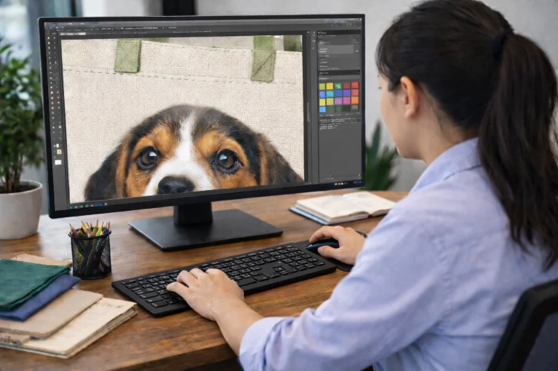 A person uses a desktop computer to edit a tote bag design featuring a dog image in a graphic design software, related to edge to edge printing costs.