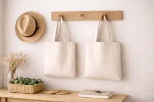 Two plain canvas tote bags hanging on wall hooks beside a hat and decorative items, illustrating everything you need to know about canvas bags.