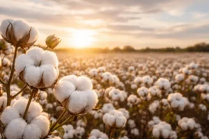 Close-up of cotton plants in a field at sunset, illustrating everything you need to know about cotton bags.