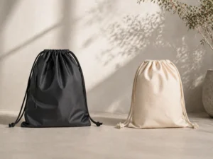 A side-by-side comparison of a nylon drawstring bag on the left and a cotton drawstring bag on the right, illustrating Nylon vs Cotton, Which Is Better for Bags.