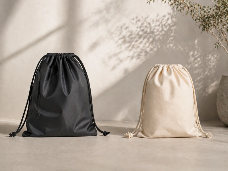 A side-by-side comparison of a nylon drawstring bag on the left and a cotton drawstring bag on the right, illustrating Nylon vs Cotton, Which Is Better for Bags.
