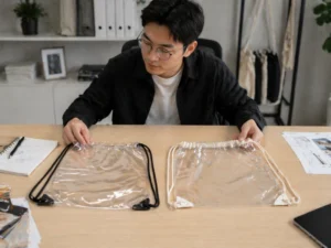 A person comparing two clear drawstring bags on a desk, illustrating Top-Selling Clear Bag Styles for B2B in 2026.