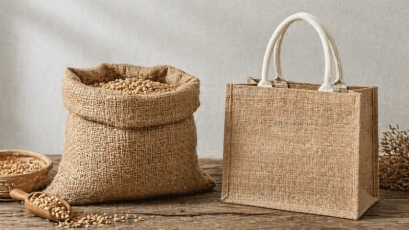 A burlap sack filled with grains and a burlap tote bag side by side, illustrating What Are Burlap Bags.