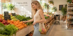 A woman selecting fresh produce while carrying a mesh shoulder bag, illustrating Why Choose Mesh Shoulder Bags for Shopping and Everyday Use.