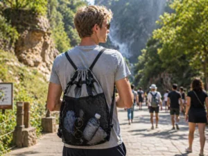 A person wearing a drawstring backpack while walking on a scenic path, illustrating Why Drawstring Backpacks Are a Smart Choice for Travelers.