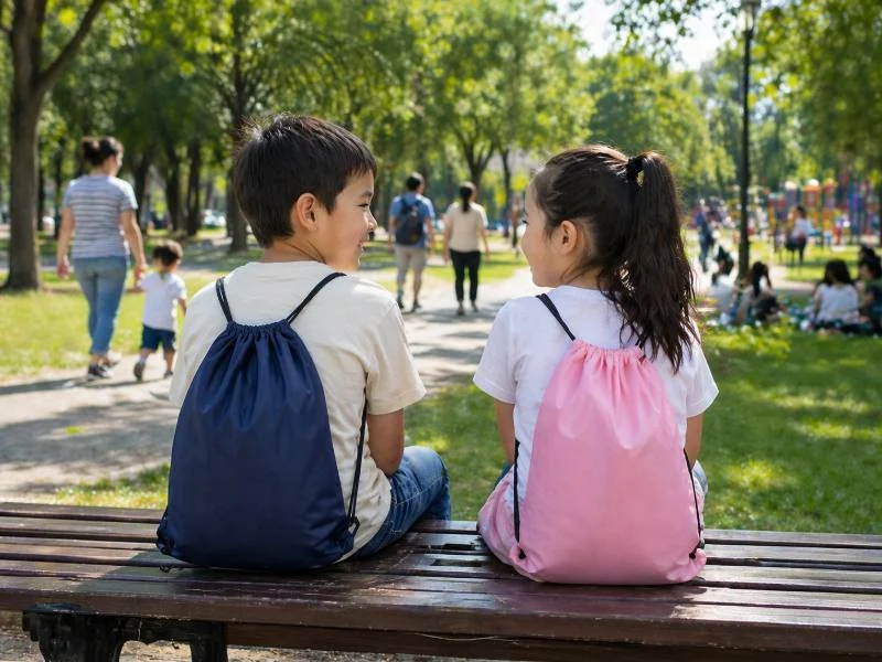 Two children sitting on a bench wearing drawstring backpacks in a park, illustrating Why Drawstring Backpacks Are a Smart Choice for Travelers.