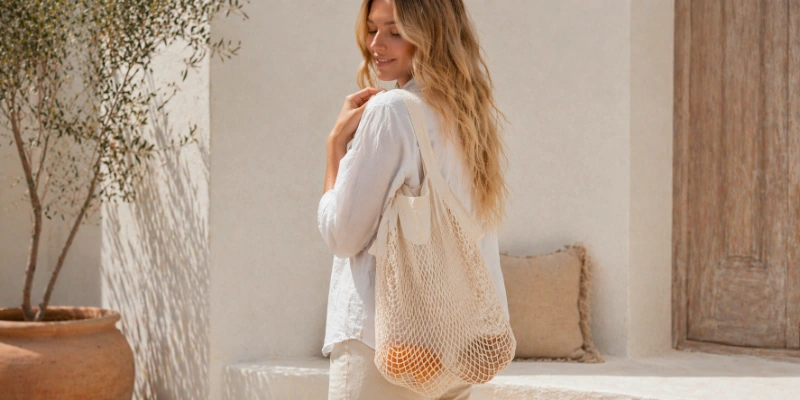 A woman carrying a mesh shoulder bag outdoors, illustrating Why Mesh Bags Are Ideal for Brand.