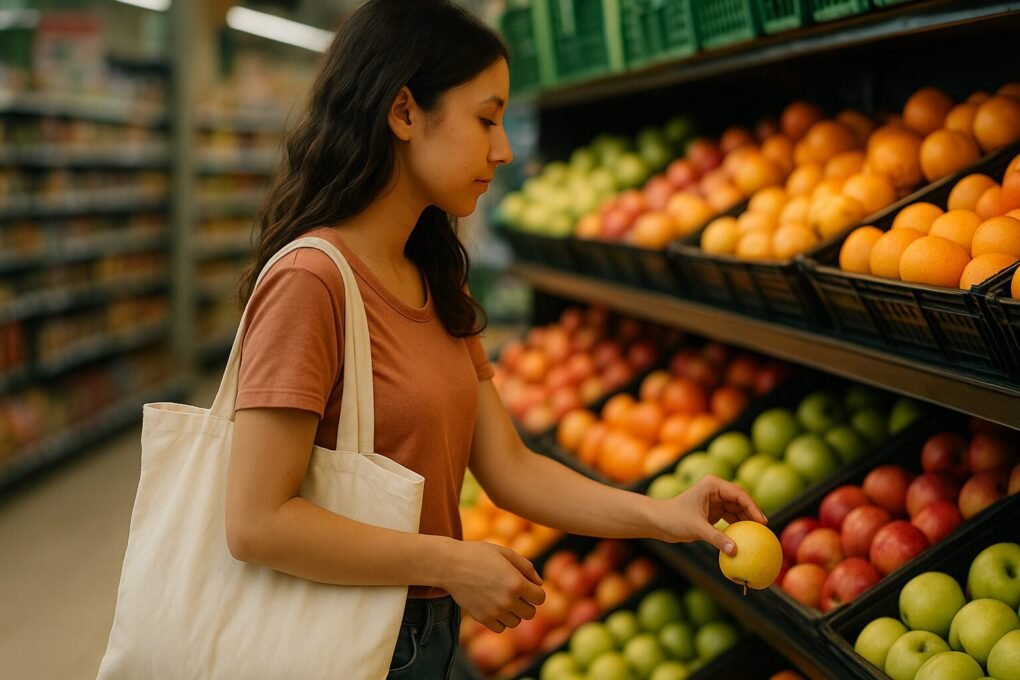 A person shopping in a grocery store produce section, holding a yellow apple while carrying a large, light-colored canvas tote bag over their shoulder, with fresh fruits displayed on shelves in the background.