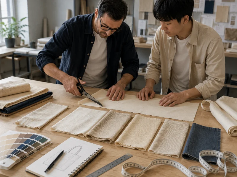 Two people cutting and comparing cotton fabric samples, illustrating Common Cotton Fabrics Used for Tote Bags and Their Uses.