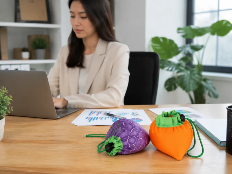 Colorful foldable bags shaped like fruits on a desk, illustrating Foldable Bag Options for B2B Orders.