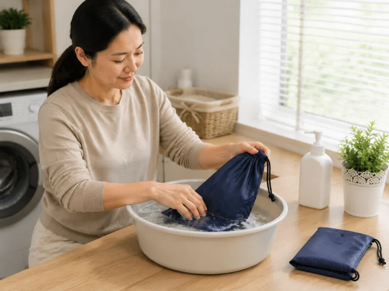 Woman hand washing a blue Oxford fabric bag to compare care with Nylon bags