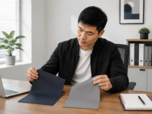 Man comparing two Oxford fabric samples showing pros and cons of Oxford fabric bags