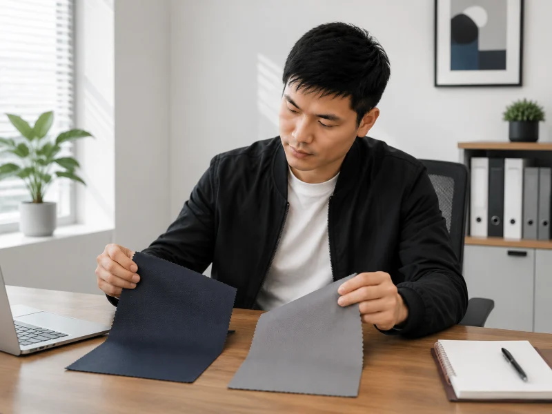 Man comparing two Oxford fabric samples showing pros and cons of Oxford fabric bags