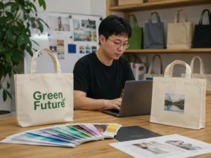 Two tote bags with printed designs and a person working at a laptop, illustrating Screen Printing vs Heat Transfer on Tote Bags.