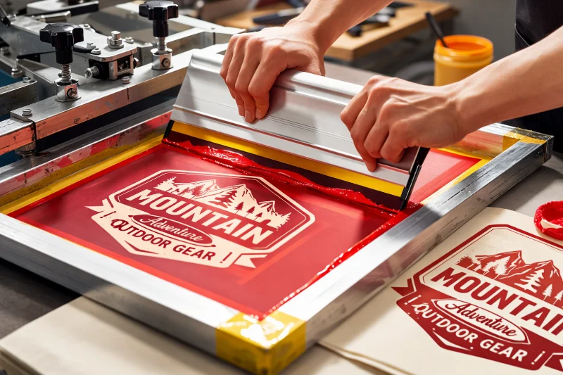 Hands using a screen printing machine to apply ink on fabric, illustrating UV Printing vs Screen Printing for Tote Bags.