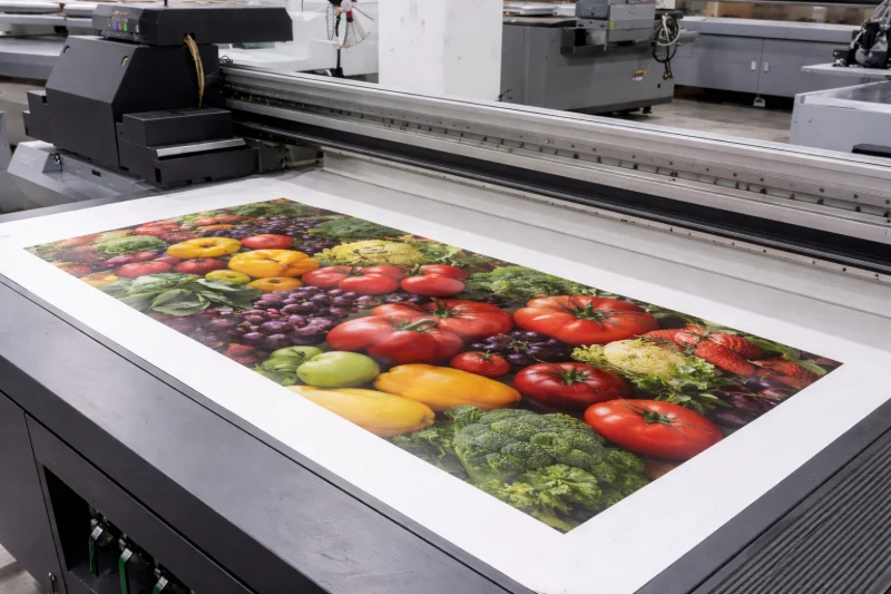 A UV printing machine producing a colorful image on a flat surface, illustrating UV Printing vs Screen Printing for Tote Bags.