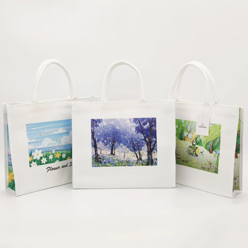 Three custom tote bags with soft blended color prints, illustrating UV vs Sublimation Printing for Custom Bags