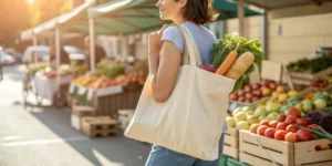 A person carrying a tote bag filled with fresh produce at a market, illustrating What Is Polyester Cotton Fabric and Why It’s Used for Bags.