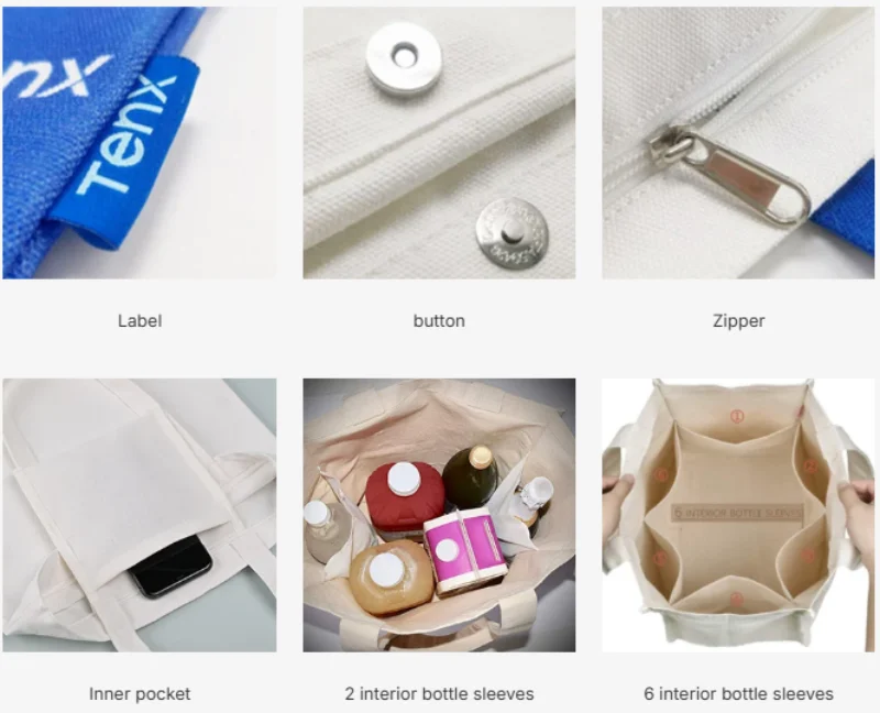 Close-up of bag accessories including label, button, zipper, and interior pockets, illustrating Why Are Coated Canvas Bags More Expensive Than Regular Canvas Bags
