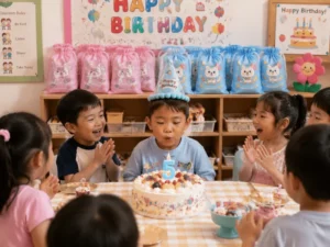 Children celebrating a birthday with cotton drawstring bags as party favors, illustrating Why Cotton Bags Are Popular for Kids Birthday Party Favors.